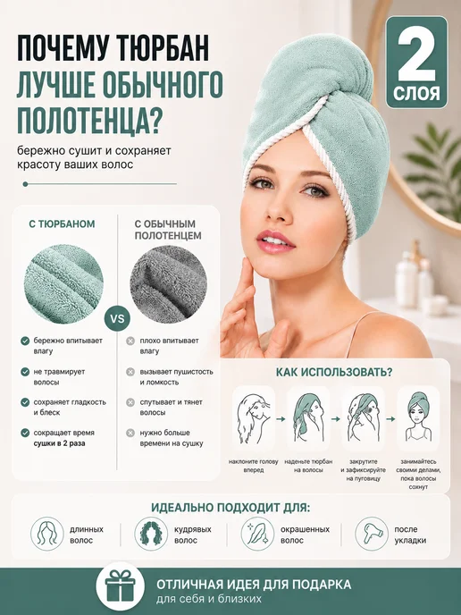 Фото товара 25794, двухслойное полотенце тюрбан, чалма для сушки волос